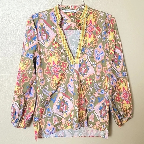 Zara Boho Printed Colorful Embroidered V-Neck Blouse - Size Medium - Picture 1 of 6
